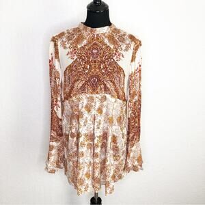 Free People cream brown gold floral graphic print open back dress Small